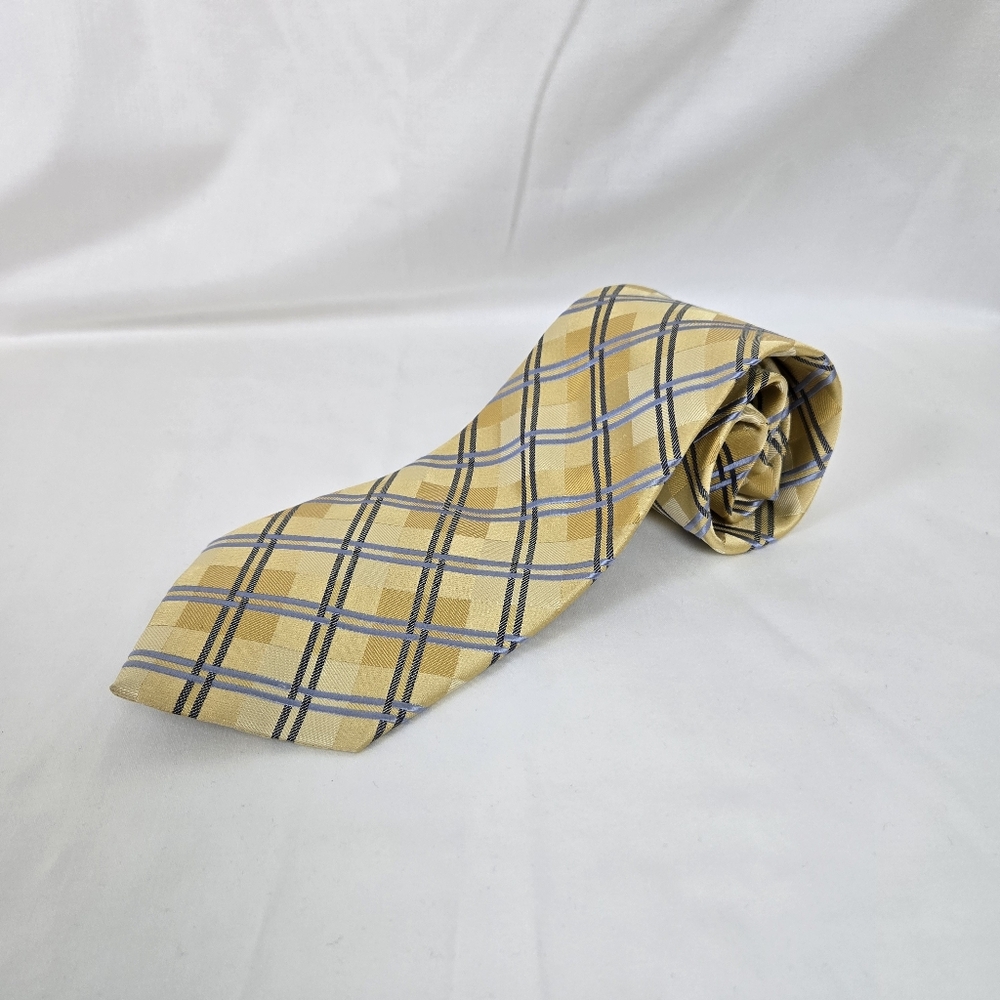Geoffrey Beene Men's Preppy Yellow Gold Blue Plaid Checkered Silk Career Tie Y2K